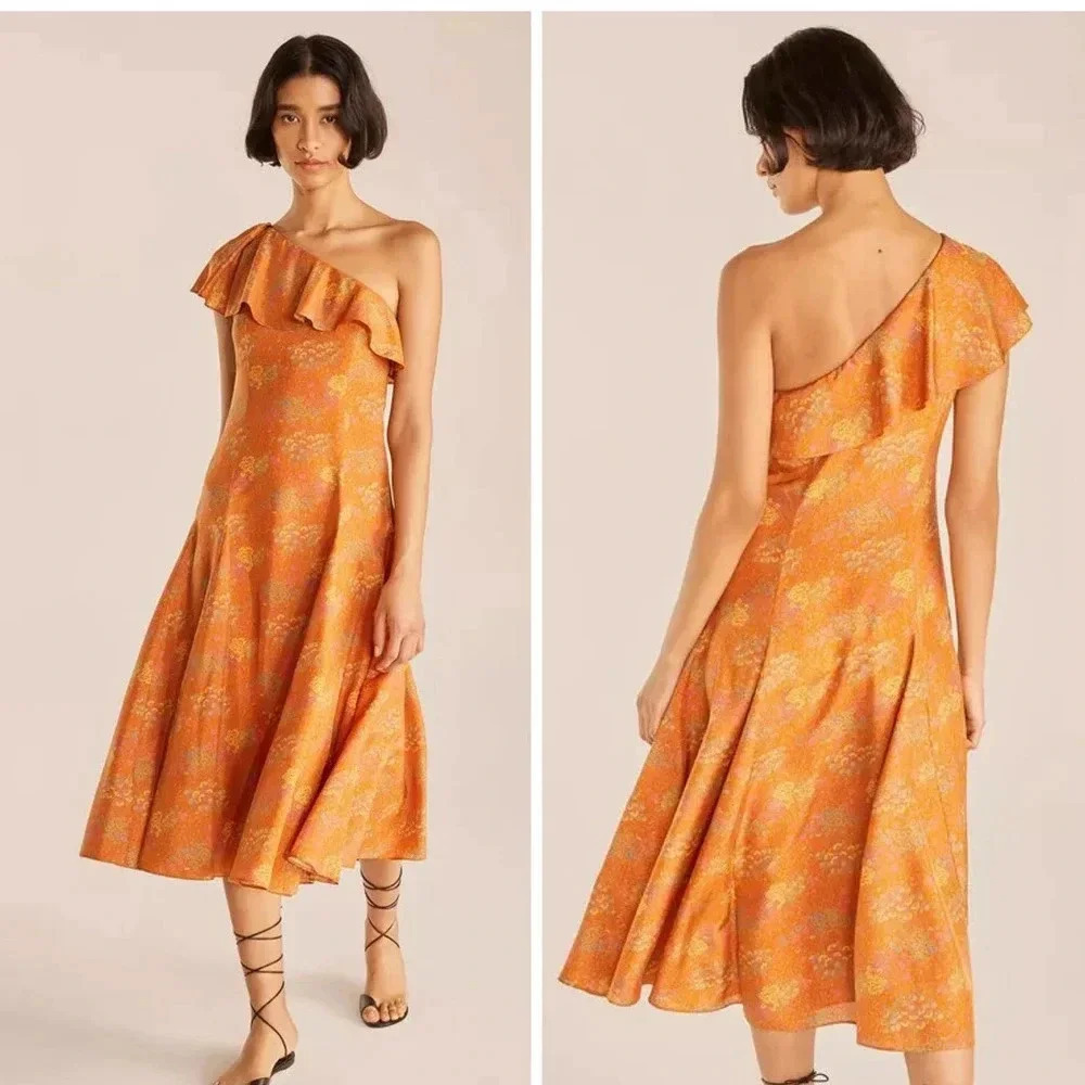 NWOT Rebecca Taylor Isabelle 100% Silk One-Shoulder Dress - Silk Habotai Ruffle